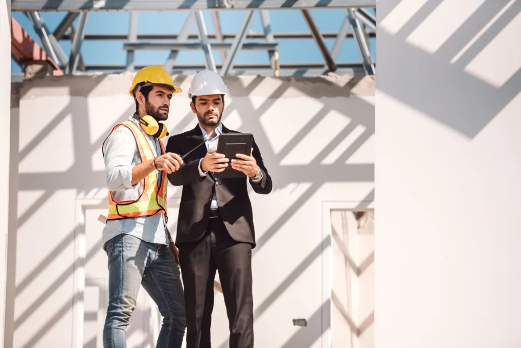 Dirigeant d'entreprise de BTP et conducteur de travaux consultant les plans sur tablette sur un chantier